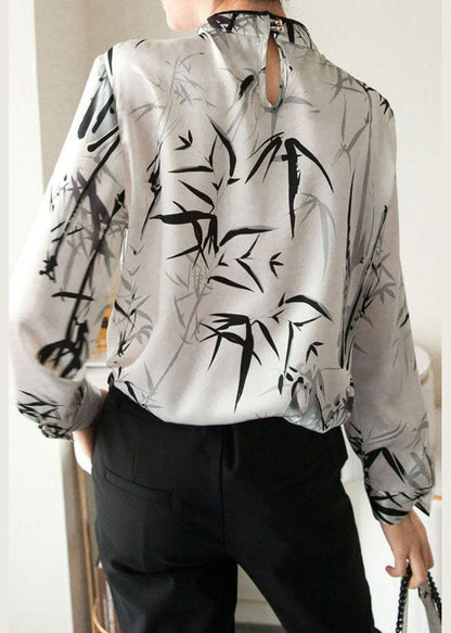 White Mandarin Collar Print Chiffon Shirt Top Spring