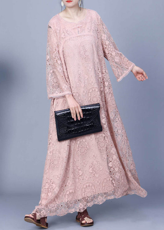 Pink Embroidered Hollow Out Lace Long Dress Spring