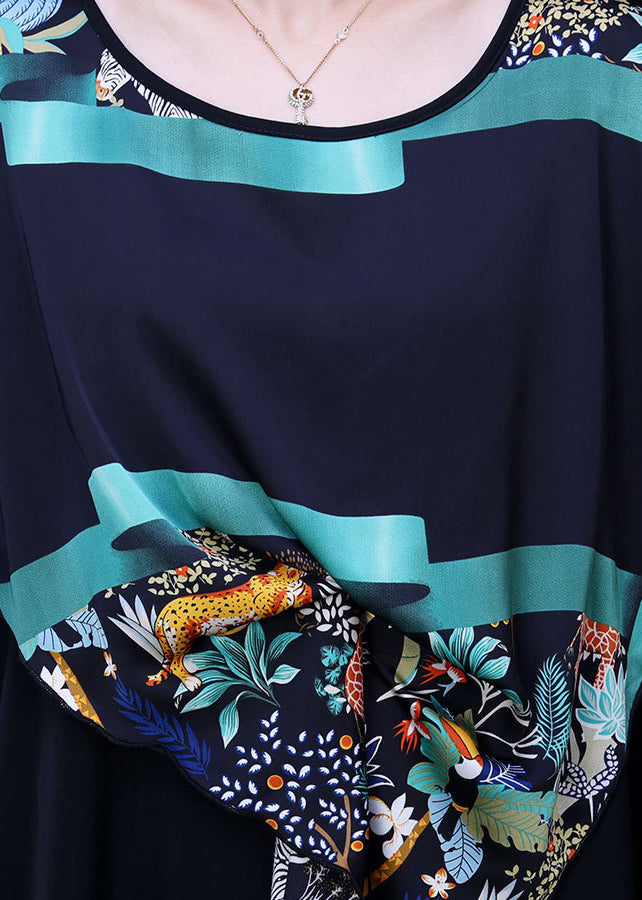 Black Asymmetrical Design Print Chiffon Dress Batwing Sleeve