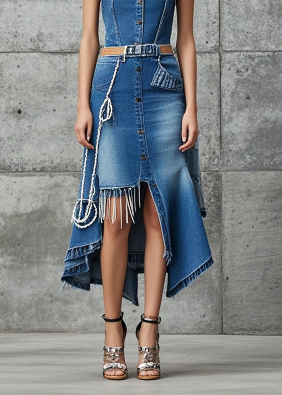 Blue Asymmetrical Design Silm Fit Denim Spaghetti Strap Dress Summer