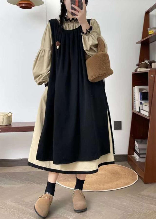 Black Ruffled Waistcoat Dress and Dress Cotton Two Pieces Set Spring