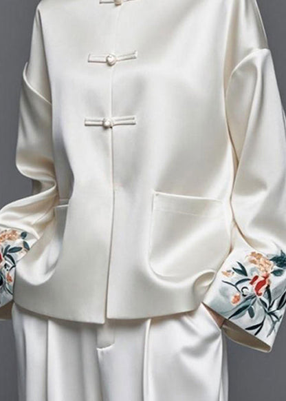 Modern White Embroidered Patchwork Silk Cotton Spring Coats