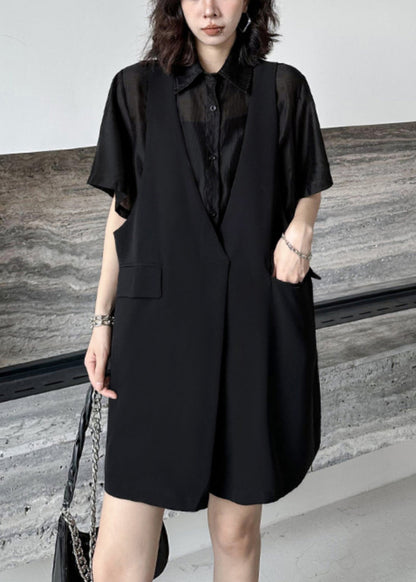 Black Pockets Patchwork Falsetwo Pieces Cotton Mid Dress Summer