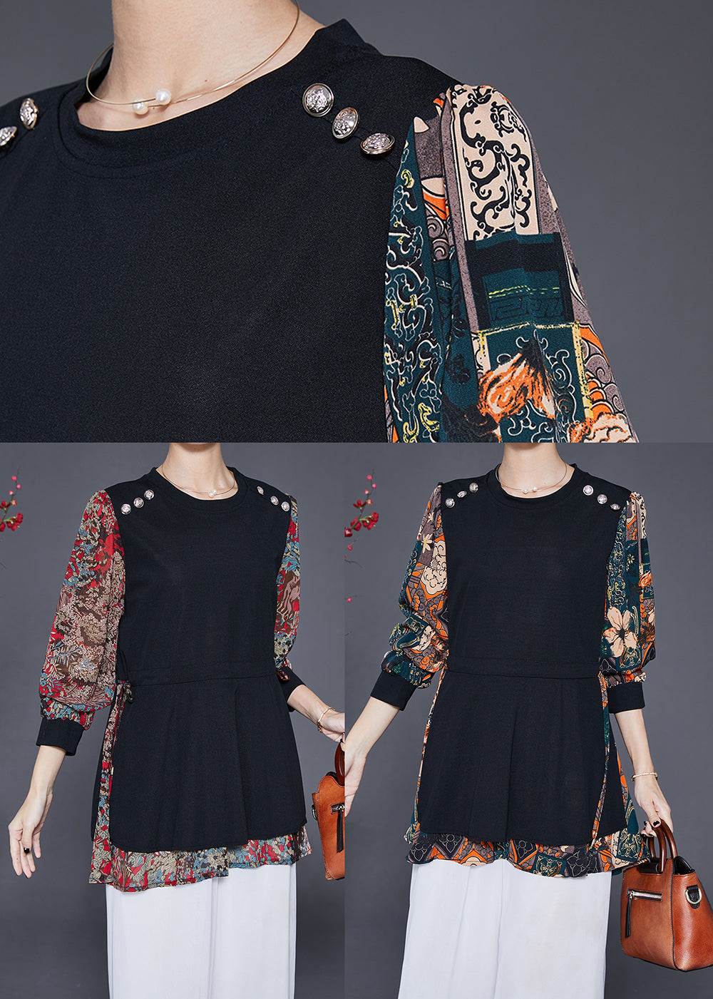 Red Print Patchwork Spandex Fake Two Piece Shirt Fall