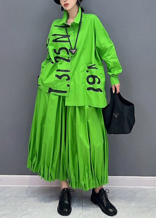 Stylish Green Asymmetrical Wrinkled Patchwork Cotton Two-piece Set Fall
