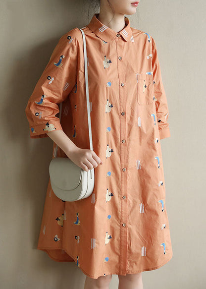 Orange Peter Pan Collar Embroideried Cotton Shirt Dresses Bracelet Sleeve
