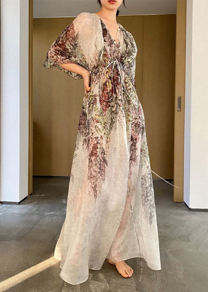 V Neck Print Drawstring Chiffon Maxi Dresses Half Sleeve Summer