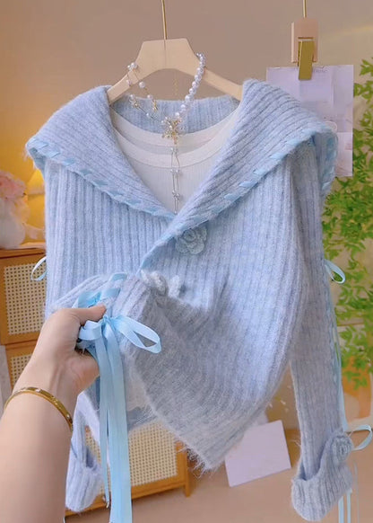 Blue Peter Pan Collar Lace Up Knit Coats Fall