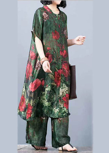 French Green Stand Collar Print Silk Dress and Wide Leg Pants Two Pieces Set Summer