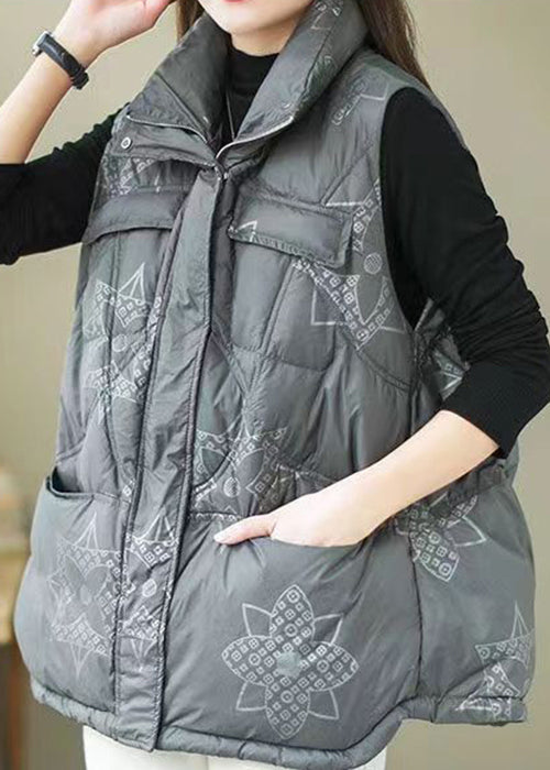 Navy Print Zippered Pockets Duck Down Waistcoat Winter