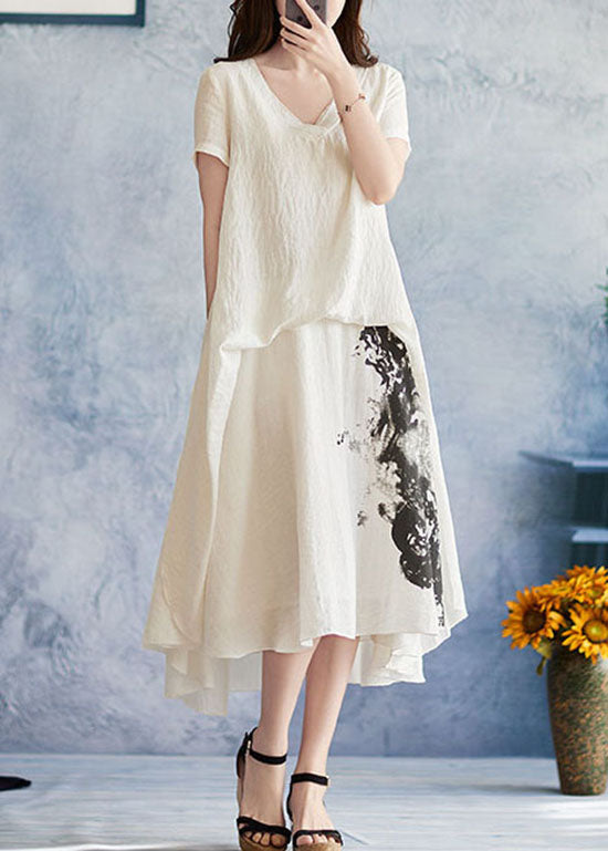 Fitted White Asymmetrical Design V Neck Print Holiday Dress Short Sleeve