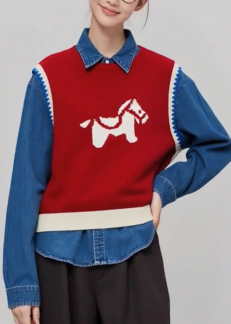 Red O Neck Cartoon Print Knit Vest Sleeveless