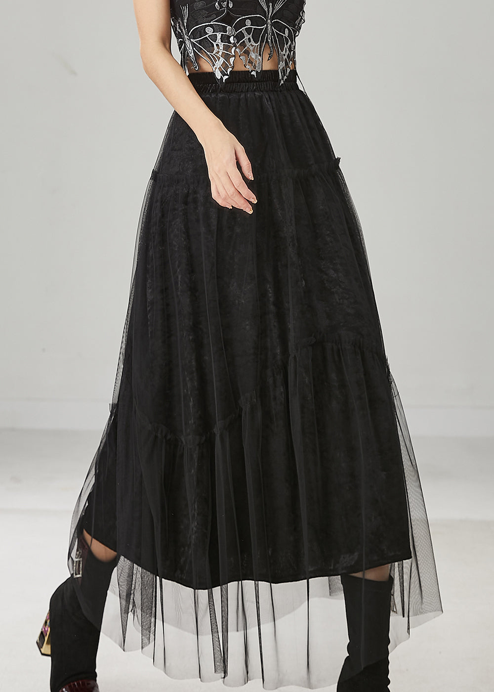 Italian Black Elastic Waist Tulle a Line Skirt Spring