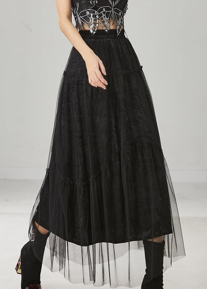 Italian Black Elastic Waist Tulle a Line Skirt Spring