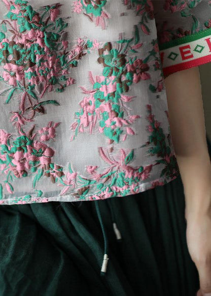 Embroideried Retro O-neck Summer Blouses Half Sleeve