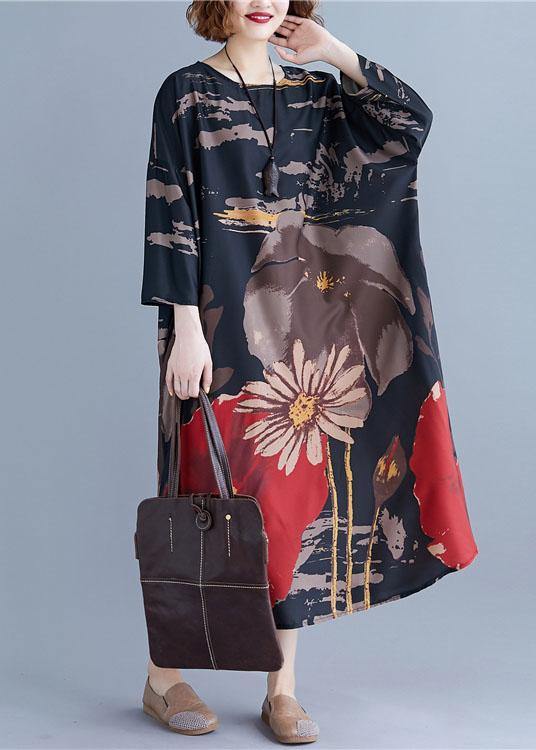 French Navy O-neck Print Summer Loose Dresses Half Sleeve