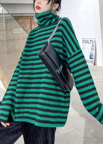 Organic Green Turtleneck Striped Cozy Fall Knit Sweater