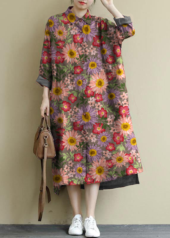 Red Flower Linen Shirt Dress Oversize Spring Maxi Dresses