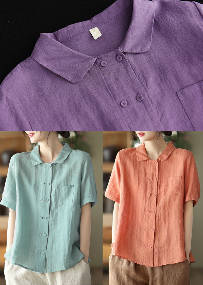 Orange Peter Pan Collar Double Breast Linen Shirt Tops Short Sleeve