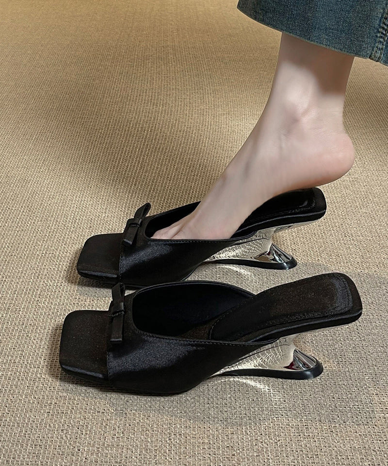 Black Bow Splicing Satin Wedge Slide Sandals