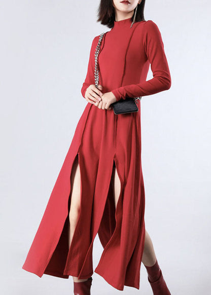 Italian Red Stand Patchwork Asymmetrical Design Fall Dresses Long Sleeve