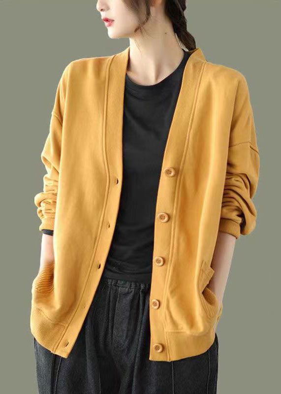 Yellow V Neck Button Patchwork Warm Fleece Sweatshirt Coat Fall