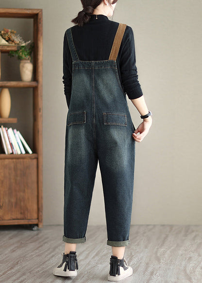 Dark Blue Pockets Patchwork Denim Jumpsuits Spring