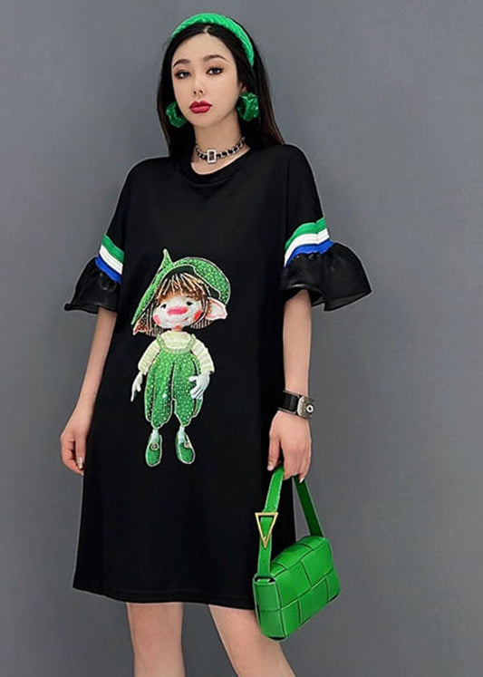 Natural Black O-neck Patchwork Ruffles Print Cotton Maxi Dresses Short Sleeve