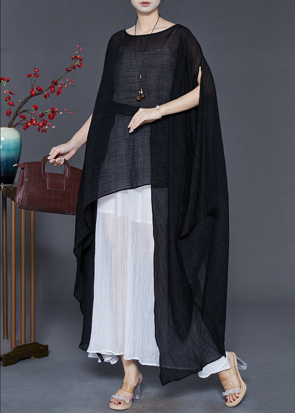 Black Asymmetrical Design Chiffon Long Tops Summer