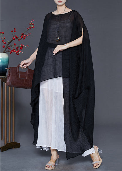 Black Asymmetrical Design Chiffon Long Tops Summer