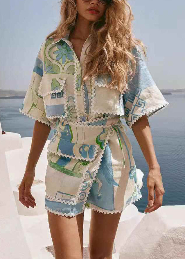 Beige Peter Pan Collar Tie Waist Shirts and Skirts Two Pieces Set Short Sleeve