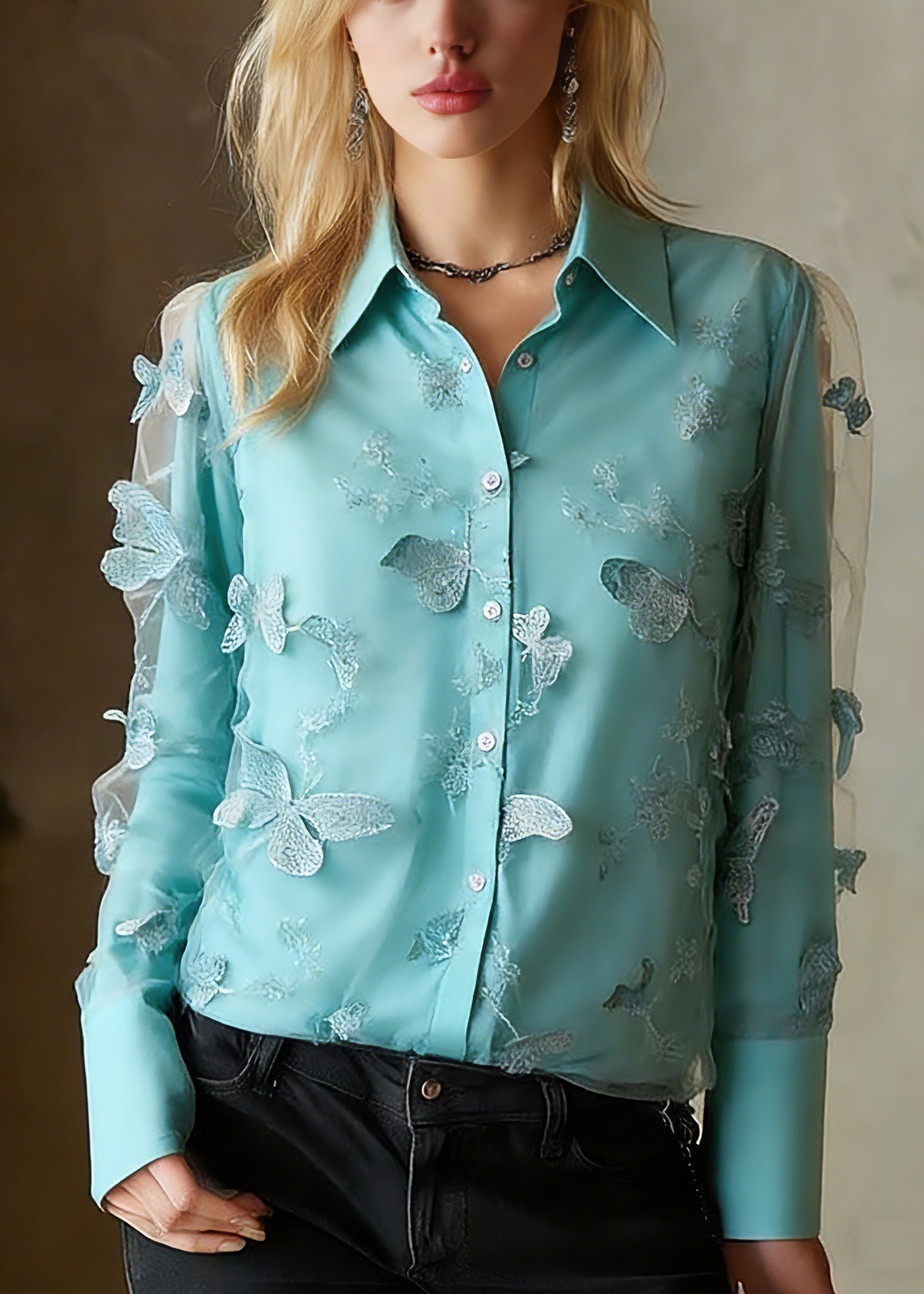 Blue Peter Pan Collar Butterfly Tulle Shirts Spring