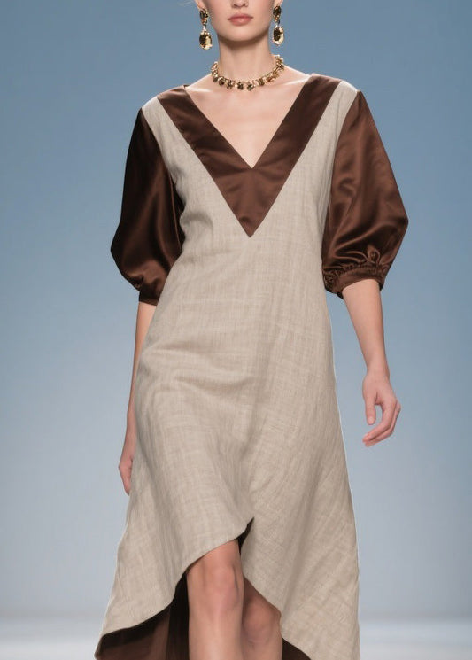 Colorblock Low High Design Patchwork Linen Silk Dress Summer