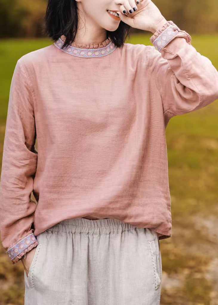 Pink O-neck Ruffled Patchwork Embroideried T Shirt Long Sleeve
