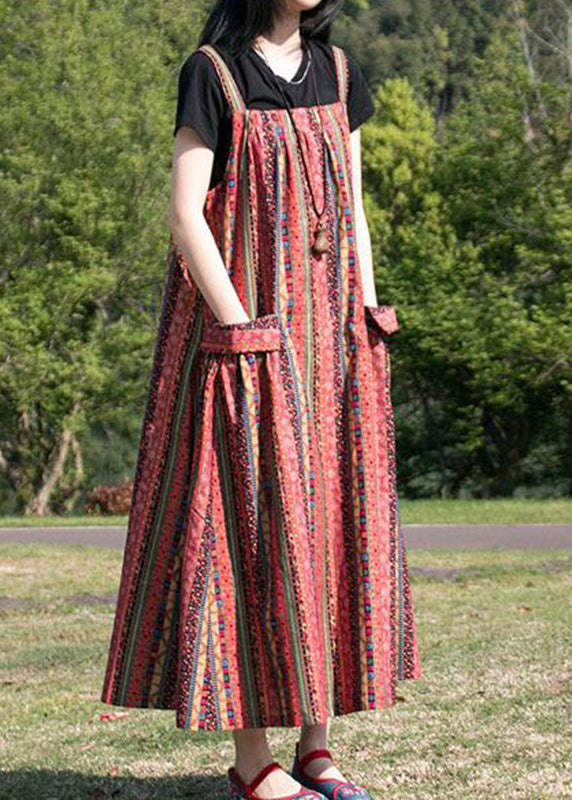 Red Slash Neck Maxi Striped Patchwork Spaghetti Dress Summer