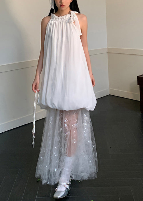 Fine White Wrinkled Patchwork Tulle Holiday Dress Sleeveless