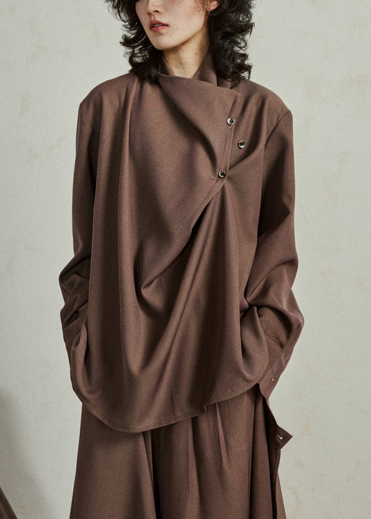 Fine Coffee Asymmetrical Button Cotton Shirt Lantern Sleeve Spring