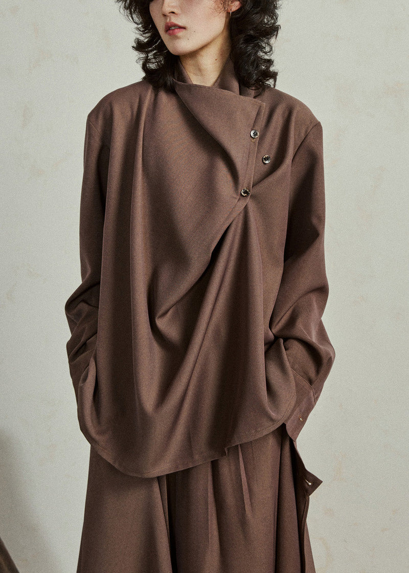 Fine Coffee Asymmetrical Button Cotton Shirt Lantern Sleeve Spring