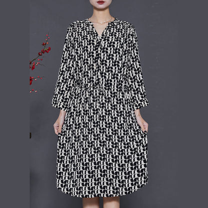 Black Cinched Print Silk Mid Dress Summer