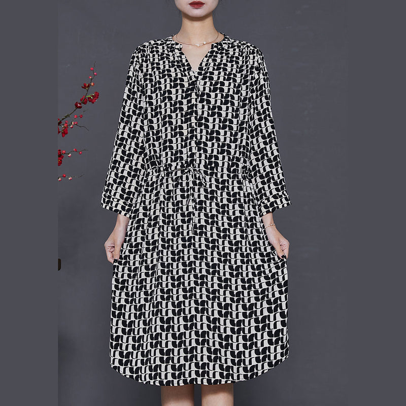 Black Cinched Print Silk Mid Dress Summer