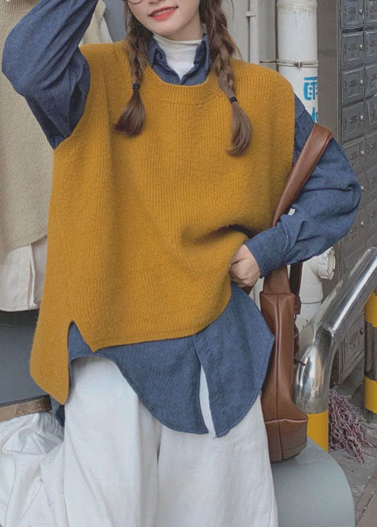 Yellow Two Piece Set Knit Vest + Corduroy Shirts Spring