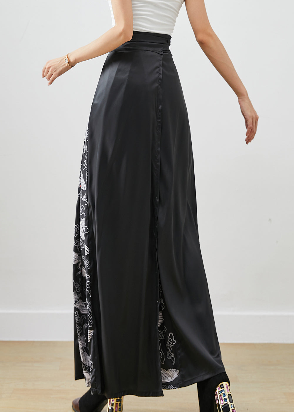 Stylish Black Tie Waist Patchwork Silk a Line Skirts Fall