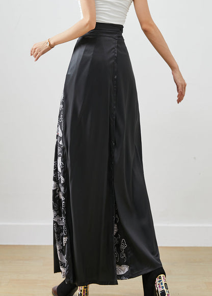 Stylish Black Tie Waist Patchwork Silk a Line Skirts Fall