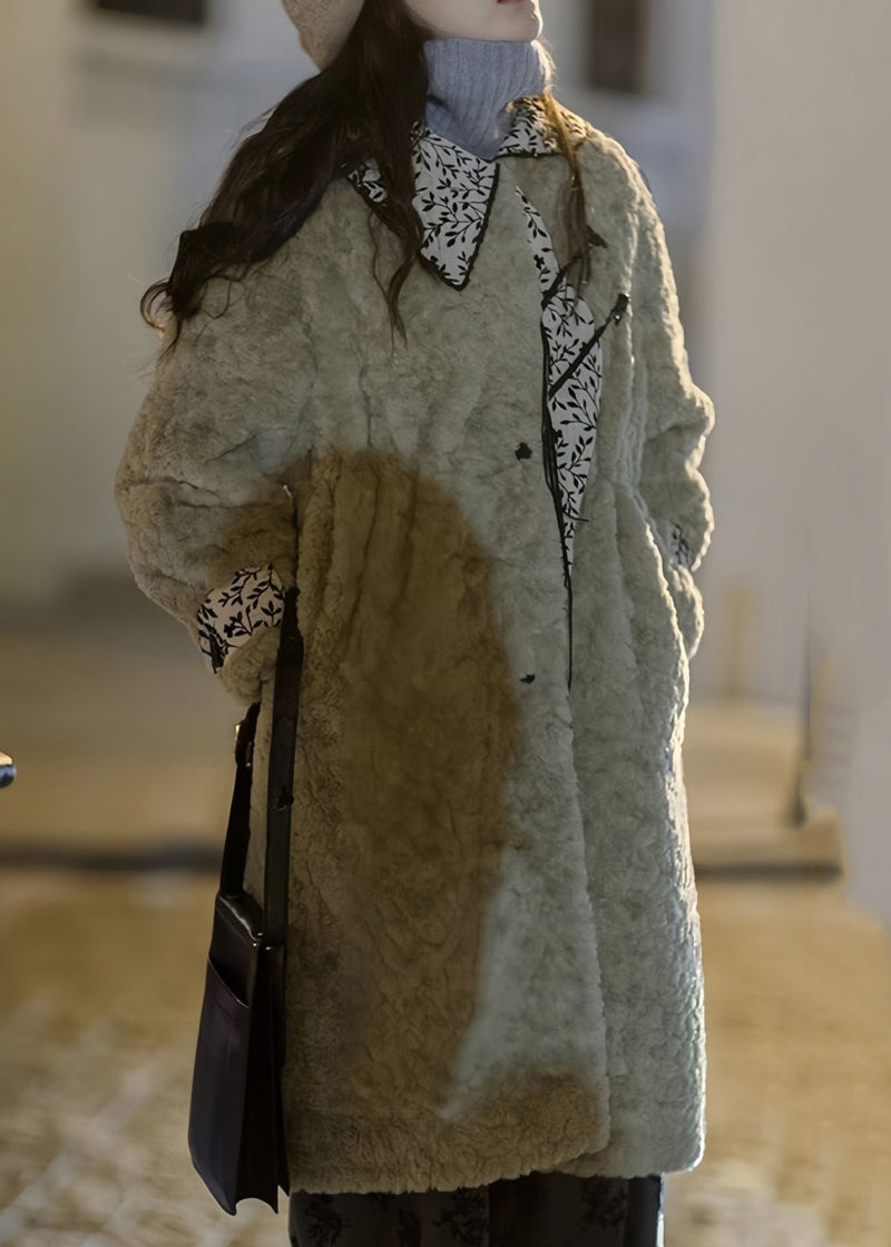 Moss Green Peter Pan Collar Pockets Patchwork Faux Fur Long Coats Winter