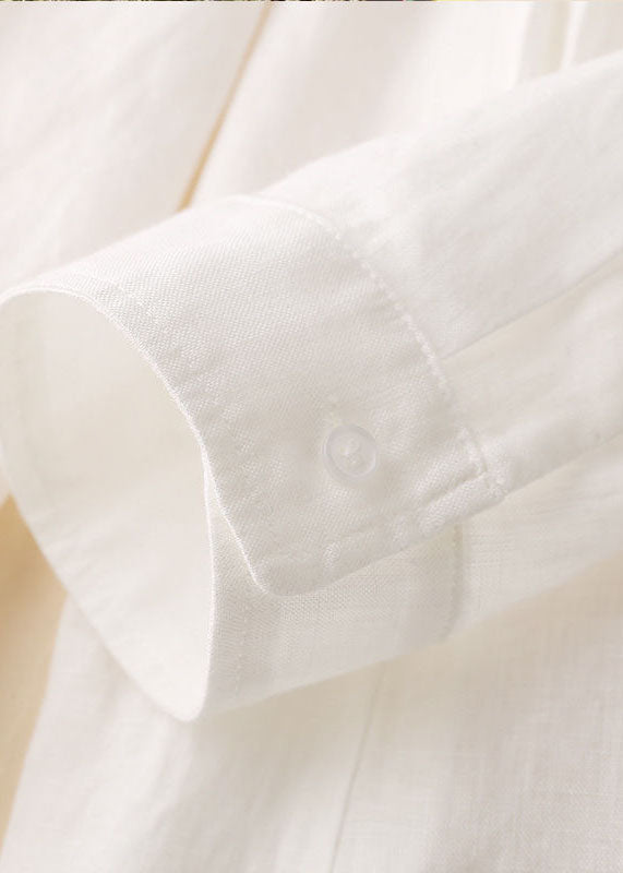 White Embroideried Low High Design Cotton Linen Long Shirt Top Long Sleeve