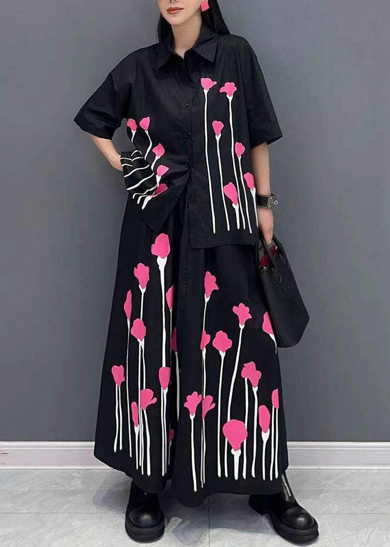 Black Print Shirt and Skirts Two Pieces Set Summer
