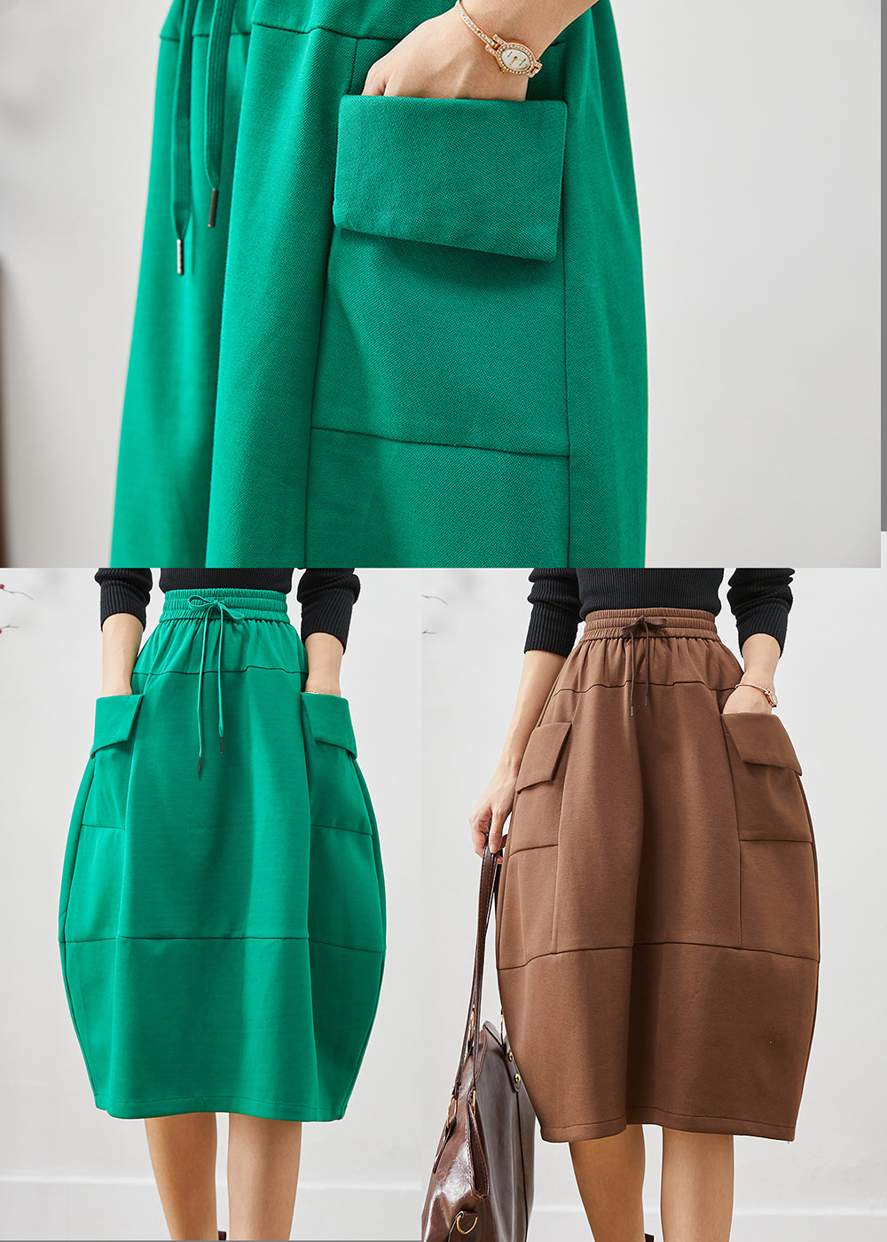 Green Elastic Waist Patchwork Cotton Skirts Fall