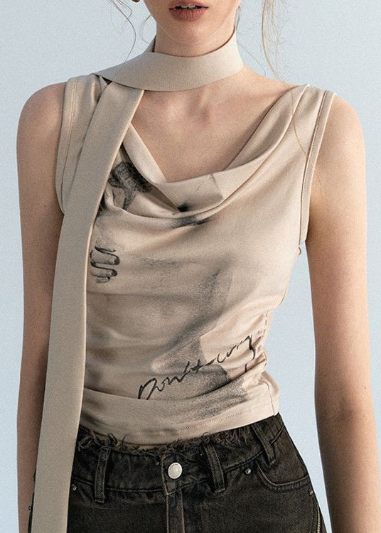Khaki Print Beach Vest and Scarf Two Pieces Set Summer
