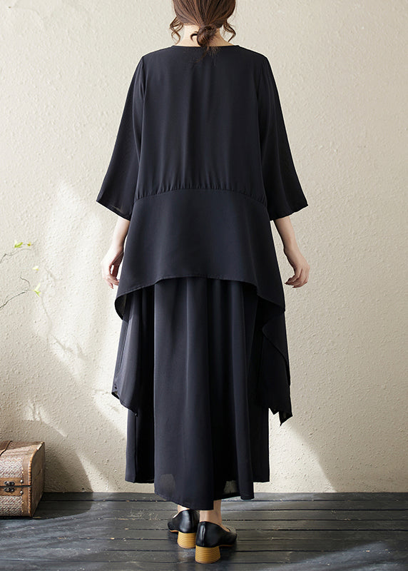 Black O Neck Asymmetrical Chiffon Two Piece Set Summer