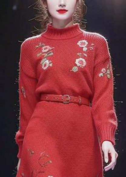 Vogue Red Turtleneck Sashes Cotton Knit Long Sweater Dress Winter